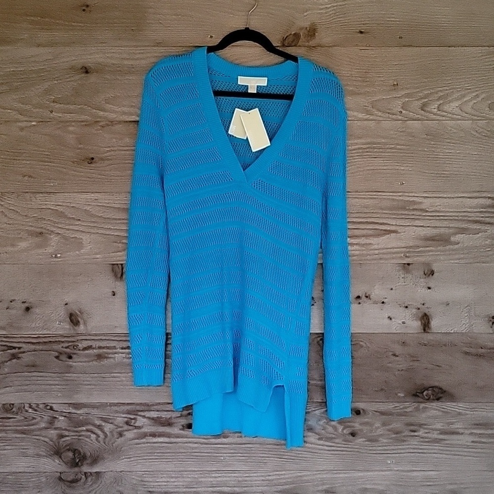 MICHAEL Michael Kors Small Tunic Sweater Bright Blue Open Knit Pullover V-Neck